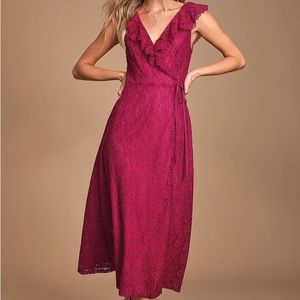 lulus magenta lace ruffle wrap dress